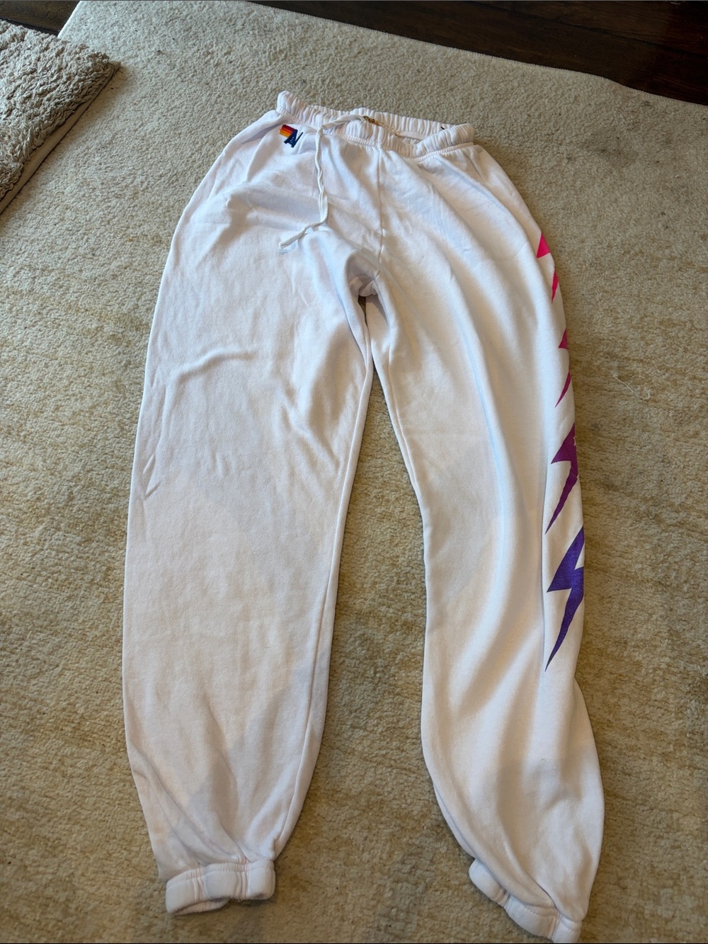 Aviator Nation White Sweatpants with Pink & Purple Lightning Stripes